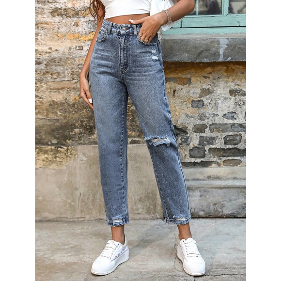 Ripped Frayed Hem Mom Jeans distressed denim straight leg high waisted light - Picture 6 of 7